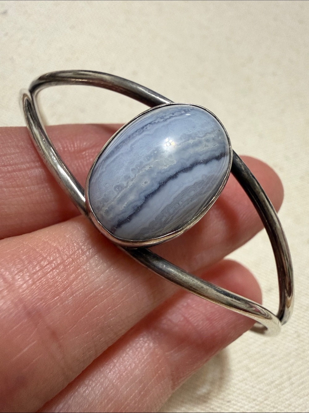 Lovely Native Sterling Silver Blue Lace Agate Cuff Bracelet